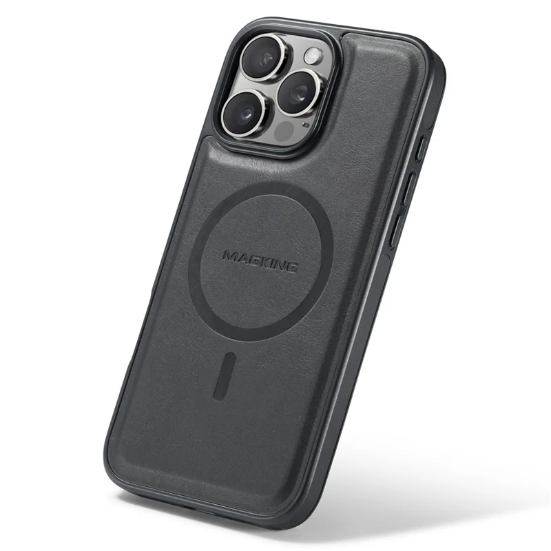MAGKING K1 Series For iPhone 16 Pro Magnetic Case PC+TPU+PU Leather Phone Cover - Black