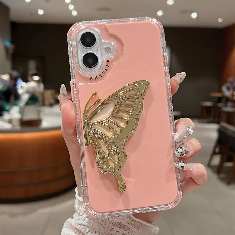 For iPhone 16 Case Butterfly Kickstand TPU+PC Drop-Proof Phone Cover - Pink