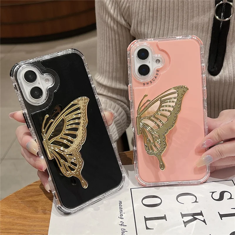 For iPhone 16 Case Butterfly Kickstand TPU+PC Drop-Proof Phone Cover - Pink