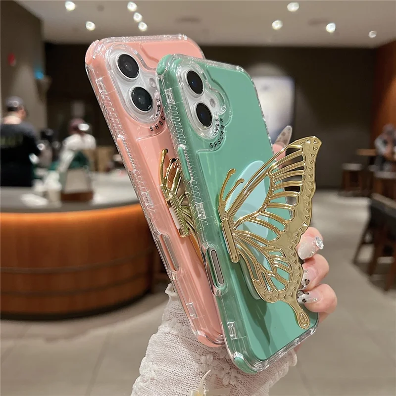 For iPhone 16 Case Butterfly Kickstand TPU+PC Drop-Proof Phone Cover - Pink