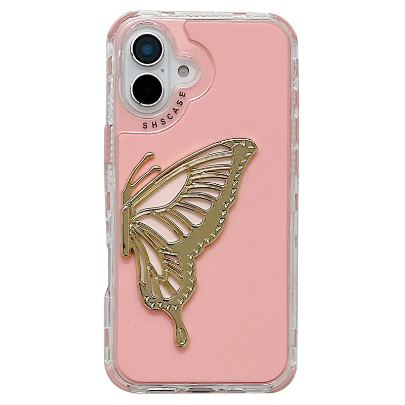 For iPhone 16 Plus Case Butterfly Kickstand TPU+PC Drop-Proof Phone Cover - Pink