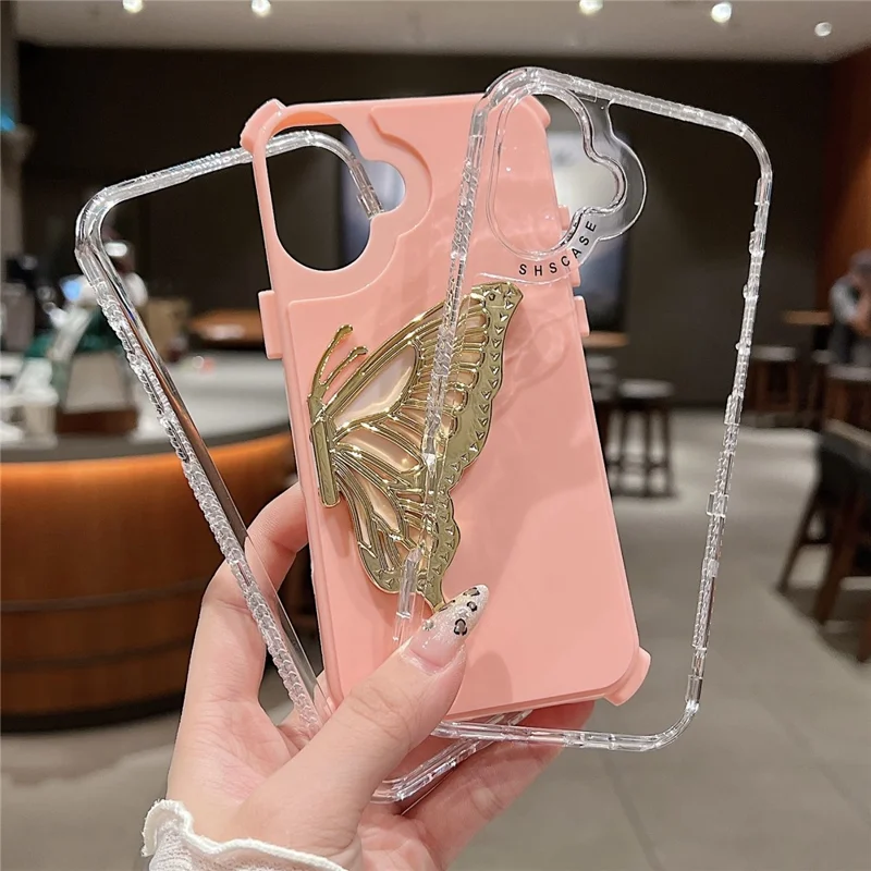 For iPhone 16 Plus Case Butterfly Kickstand TPU+PC Drop-Proof Phone Cover - Pink