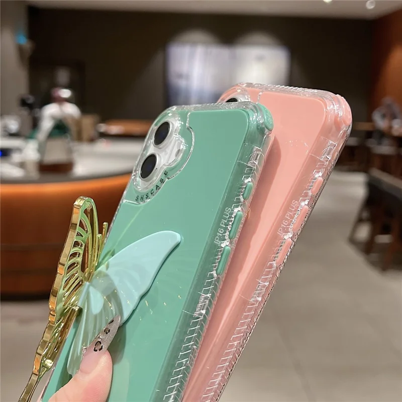For iPhone 16 Plus Case Butterfly Kickstand TPU+PC Drop-Proof Phone Cover - Pink