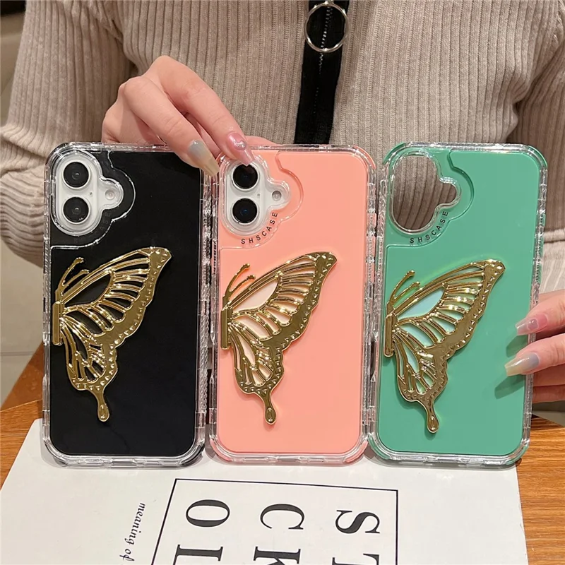 For iPhone 16 Plus Case Butterfly Kickstand TPU+PC Drop-Proof Phone Cover - Pink
