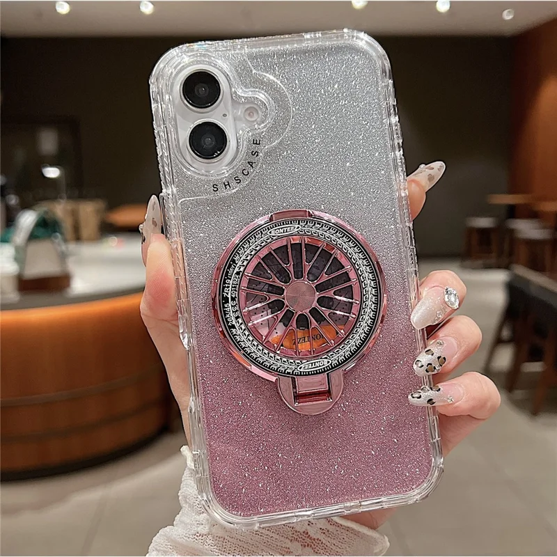 For iPhone 16 Plus Case Compatibel met MagSafe Gyro Design Glitter PC + TPU Telefoonhoes - Roze