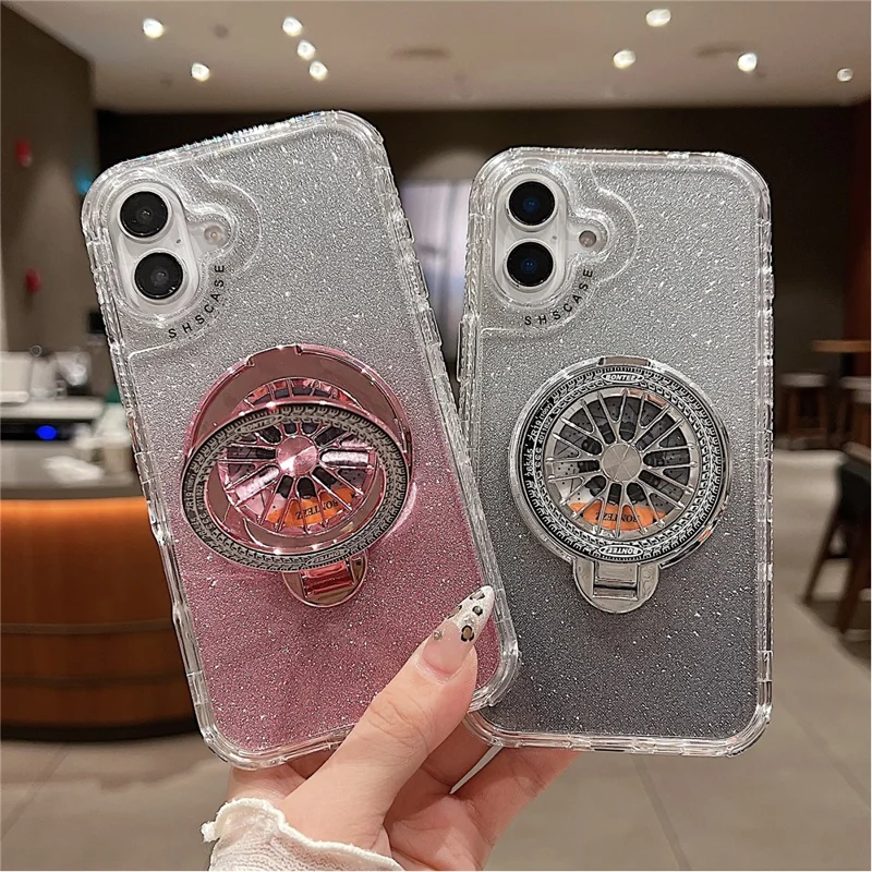 For iPhone 16 Plus Case Compatibel met MagSafe Gyro Design Glitter PC + TPU Telefoonhoes - Roze