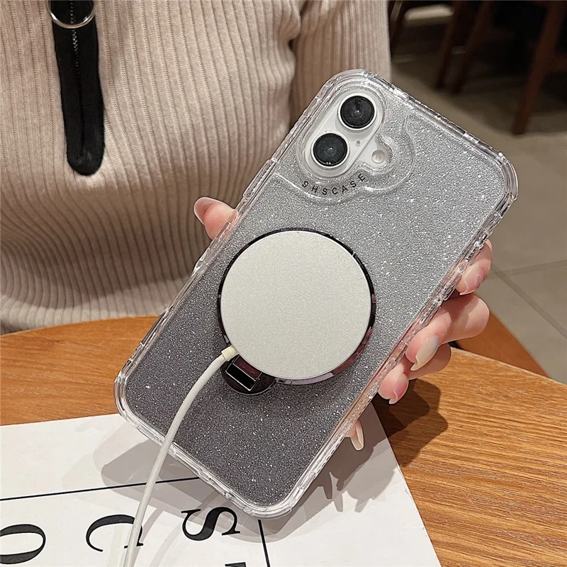 For iPhone 16 Plus Case Compatibel met MagSafe Gyro Design Glitter PC + TPU Telefoonhoes - Roze