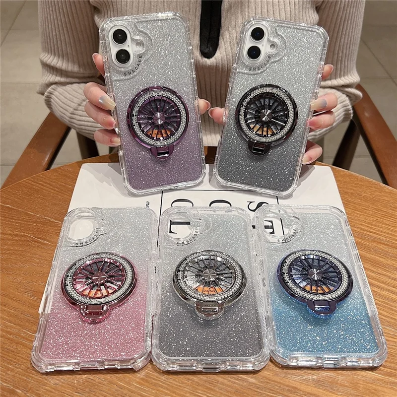 For iPhone 16 Plus Case Compatibel met MagSafe Gyro Design Glitter PC + TPU Telefoonhoes - Roze