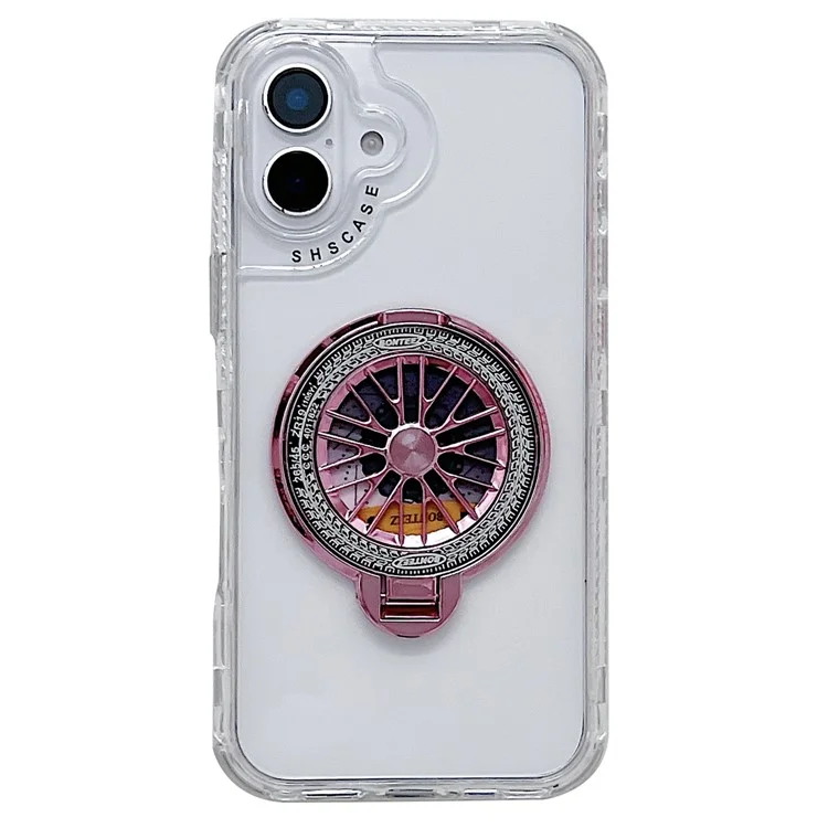 For iPhone 16 Clear Case Compatible with MagSafe Gyro Design PC + TPU Phone Cover with Kickstand - Pink