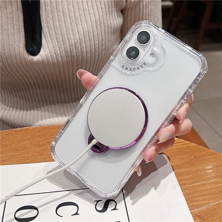 For iPhone 16 Clear Case Compatible with MagSafe Gyro Design PC + TPU Phone Cover with Kickstand - Pink