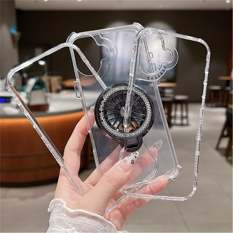 For iPhone 16 Plus Clear Case Compatible with MagSafe Gyro Design PC + TPU Phone Cover with Kickstand - Black