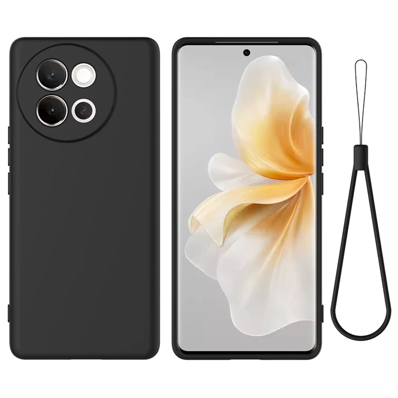 Чехол для vivo V40 Lite 5G из жидкого силикона, устойчивый к царапинам, с ремешком на руку - черный