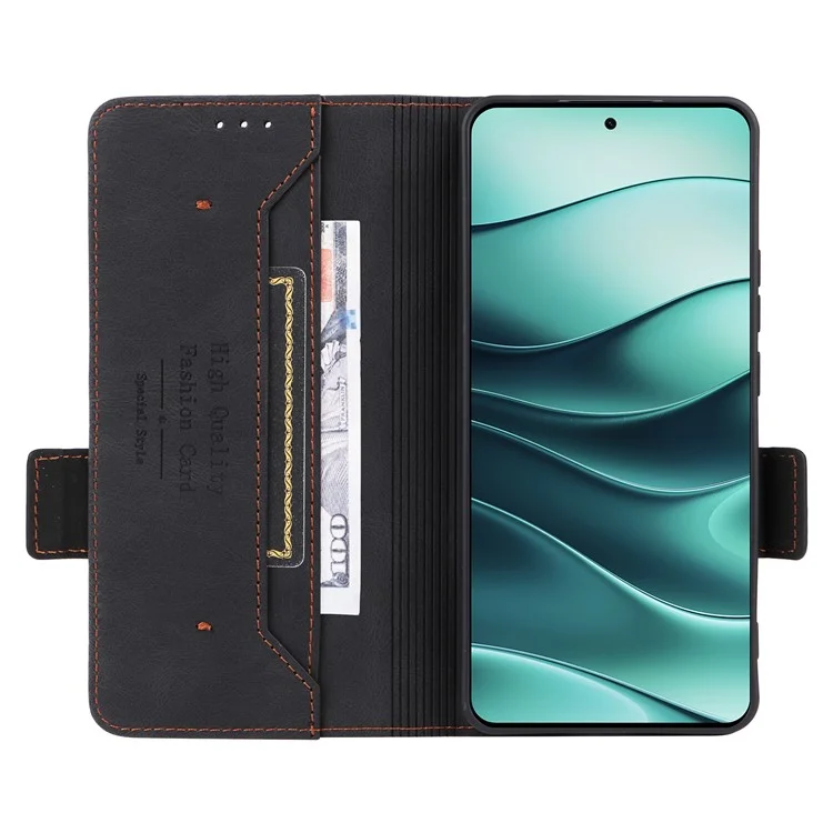 Custodia in pelle a portafoglio con chiusura a flip e decorazioni in metallo per Xiaomi Redmi Note 14 4G - Nero