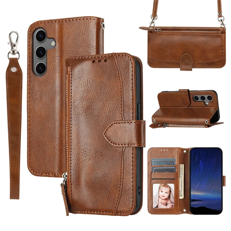 For Samsung Galaxy S25 Case Zipper Pocket Leather Phone Cover with Crossbody Shoulder Strap - Brown