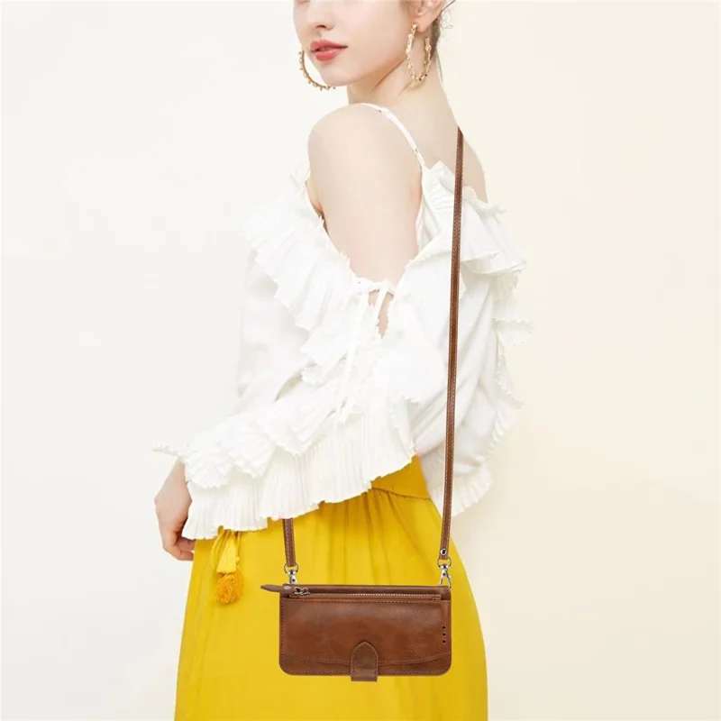 For Samsung Galaxy S25 Case Zipper Pocket Leather Phone Cover with Crossbody Shoulder Strap - Brown