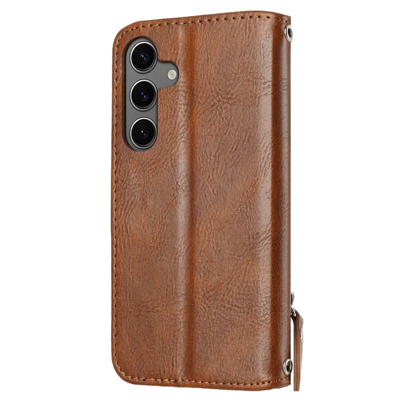 For Samsung Galaxy S25+ Case Zipper Pocket Leather Phone Cover with Crossbody Shoulder Strap - Brown