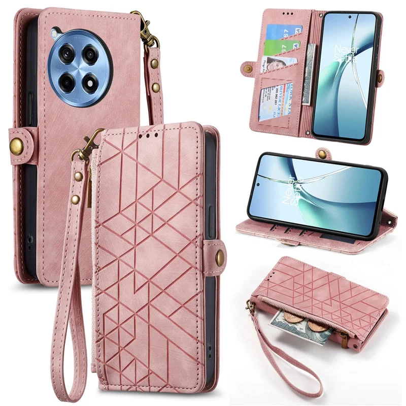 Étui portefeuille en cuir PU avec support pour OnePlus Ace 3 Pro 5G, motif géométrique imprimé - Rose
