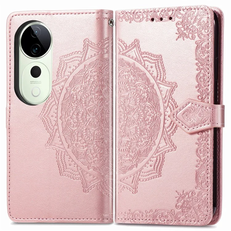 Custodia portafoglio per vivo T3 Ultra 5G con fiore mandala, cover in pelle con supporto, vista - Oro rosa