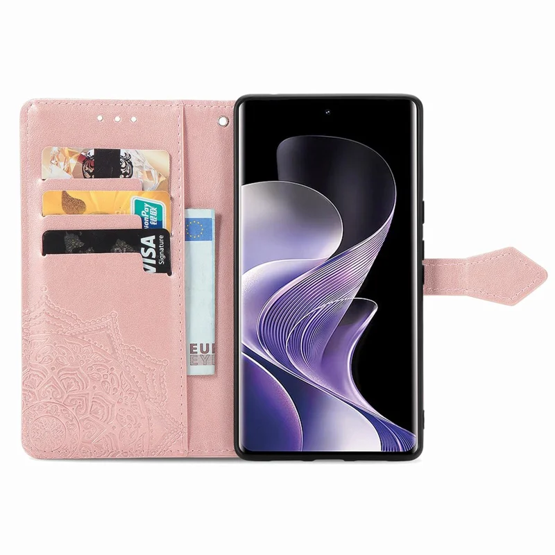 Custodia portafoglio per vivo T3 Ultra 5G con fiore mandala, cover in pelle con supporto, vista - Oro rosa