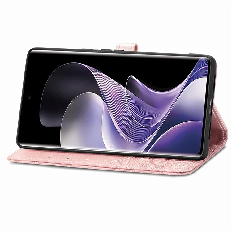 Custodia portafoglio per vivo T3 Ultra 5G con fiore mandala, cover in pelle con supporto, vista - Oro rosa