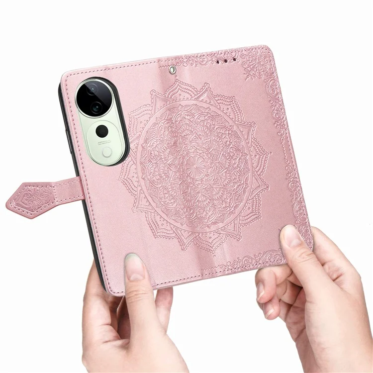 Custodia portafoglio per vivo T3 Ultra 5G con fiore mandala, cover in pelle con supporto, vista - Oro rosa