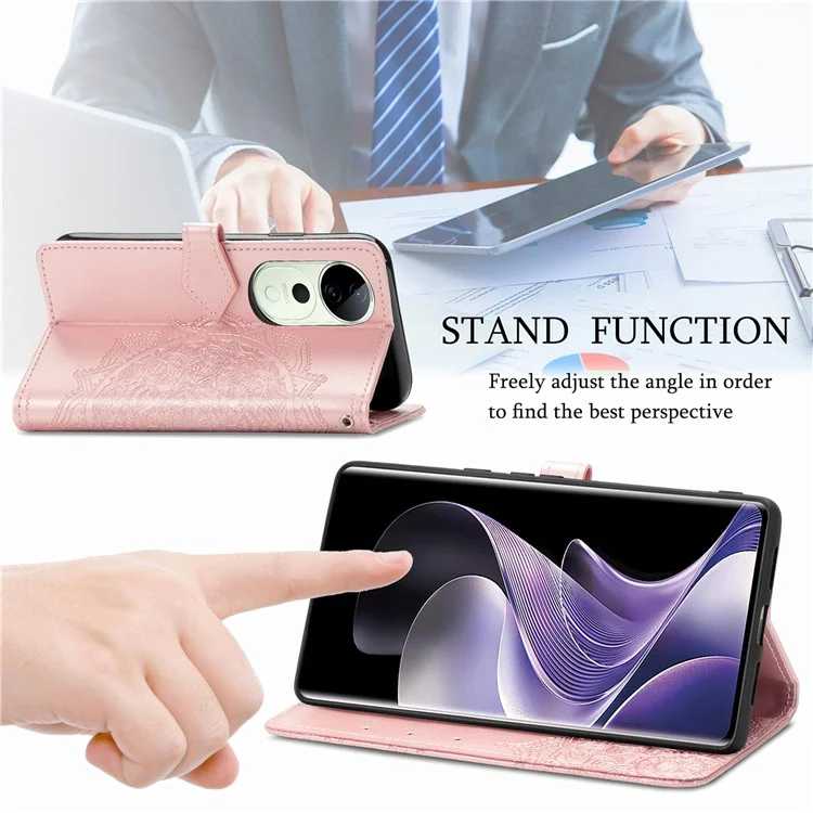 Custodia portafoglio per vivo T3 Ultra 5G con fiore mandala, cover in pelle con supporto, vista - Oro rosa