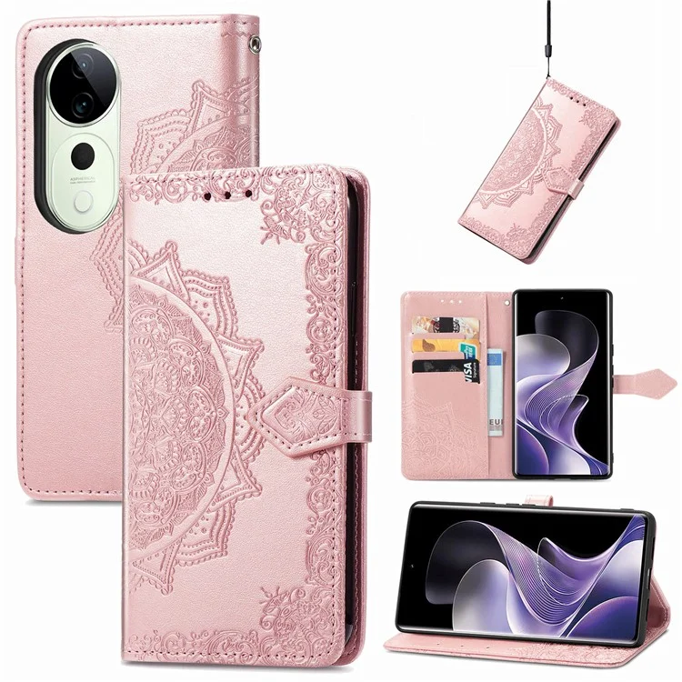 Custodia portafoglio per vivo T3 Ultra 5G con fiore mandala, cover in pelle con supporto, vista - Oro rosa