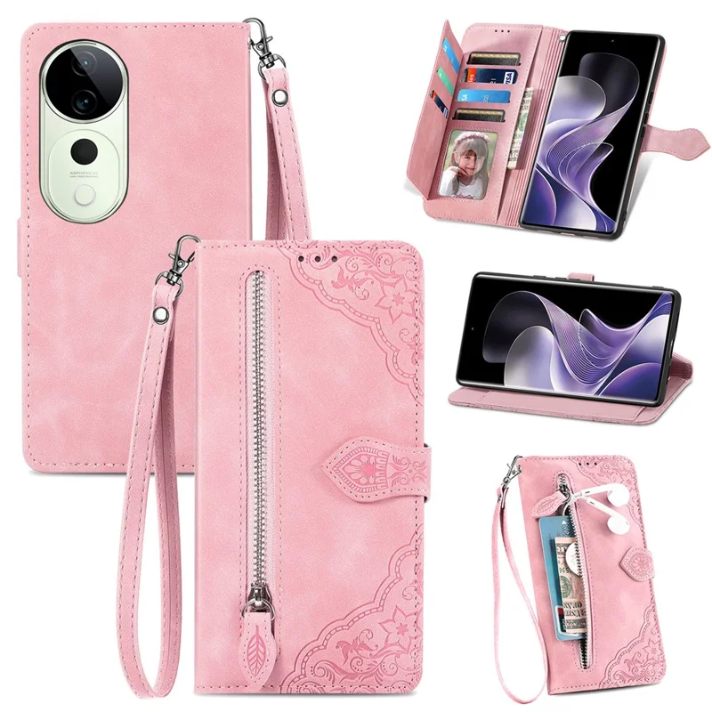 For vivo T3 Ultra 5G Zipper Wallet Case with Strap Flower Imprint PU Leather Phone Cover - Pink