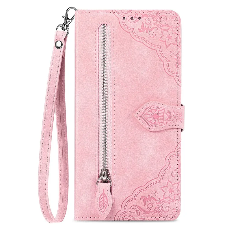 For vivo T3 Ultra 5G Zipper Wallet Case with Strap Flower Imprint PU Leather Phone Cover - Pink