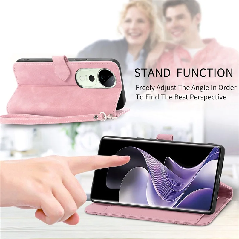 For vivo T3 Ultra 5G Zipper Wallet Case with Strap Flower Imprint PU Leather Phone Cover - Pink