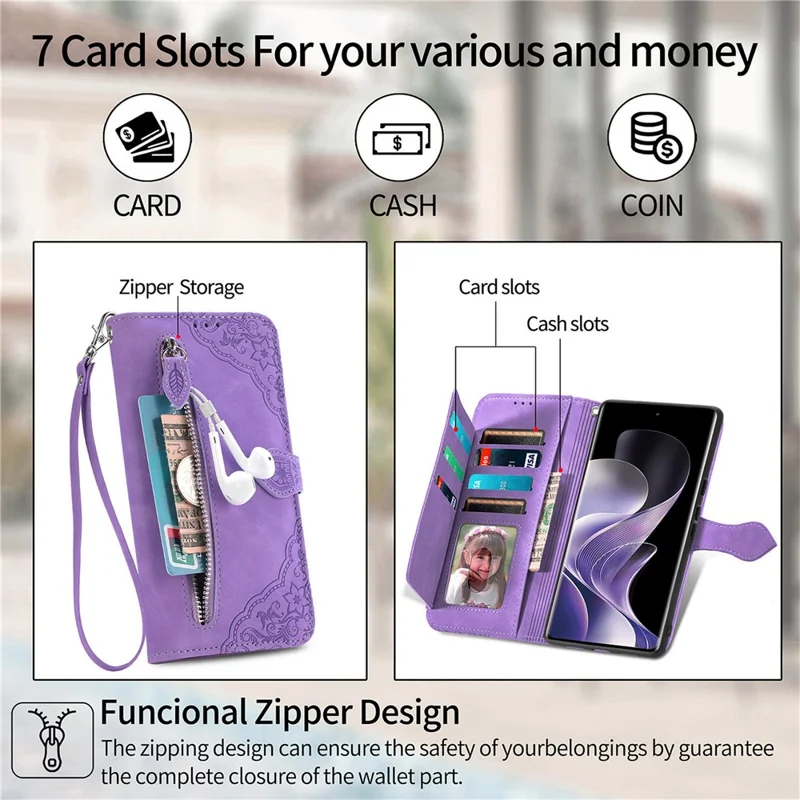 For vivo T3 Ultra 5G Zipper Wallet Case with Strap Flower Imprint PU Leather Phone Cover - Pink
