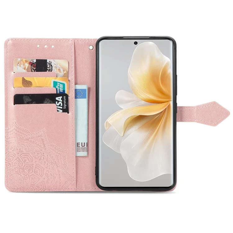 Custodia a portafoglio in pelle con fiore mandala per TCL 50 Pro Nxtpaper 5G, supporto per visualizzazione - Oro Rosa