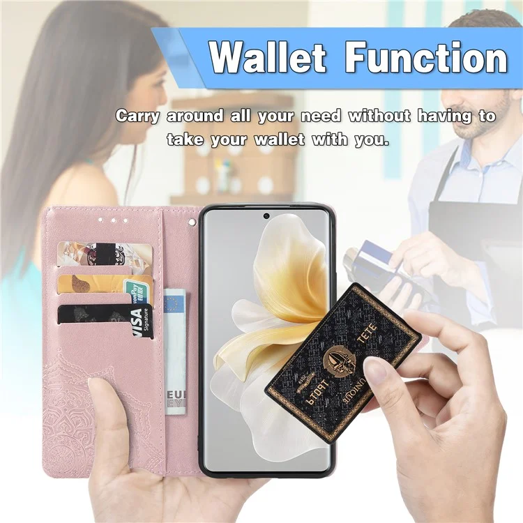 Custodia a portafoglio in pelle con fiore mandala per TCL 50 Pro Nxtpaper 5G, supporto per visualizzazione - Oro Rosa
