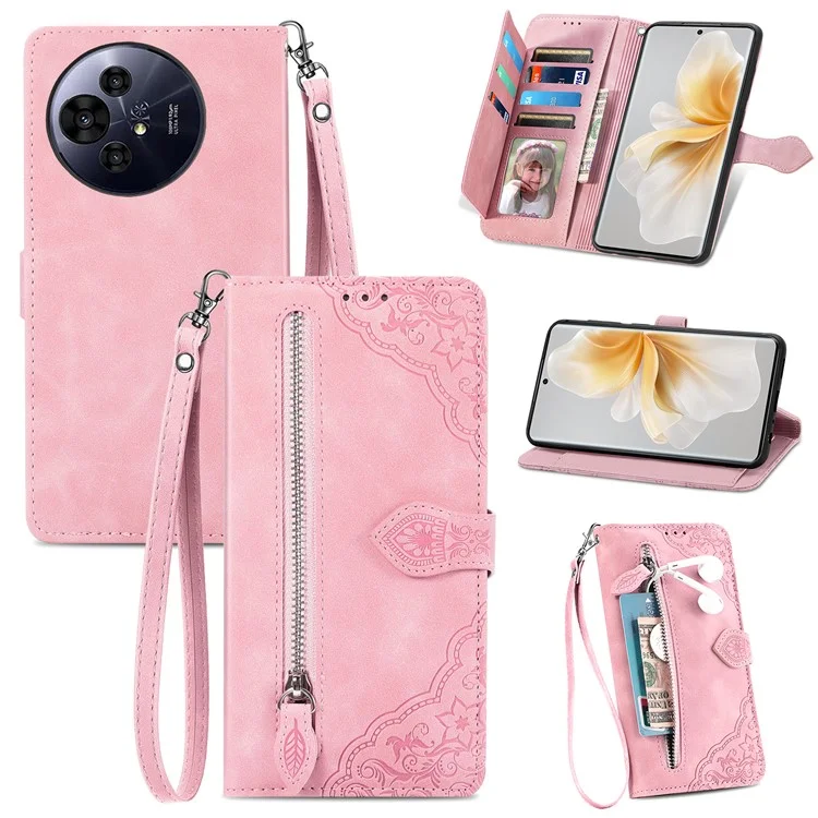 Funda con cremallera y estampado de flor de piel sintética para TCL 50 Pro Nxtpaper 5G - Rosa