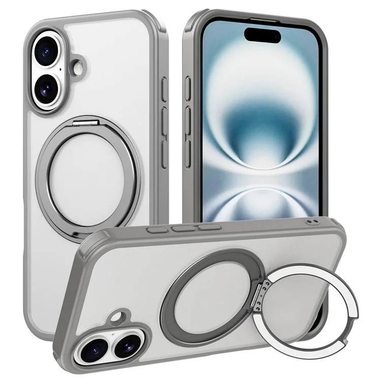 For iPhone 16 Case Compatible with MagSafe Ring Kickstand TPU+PC Back Cover - Grey