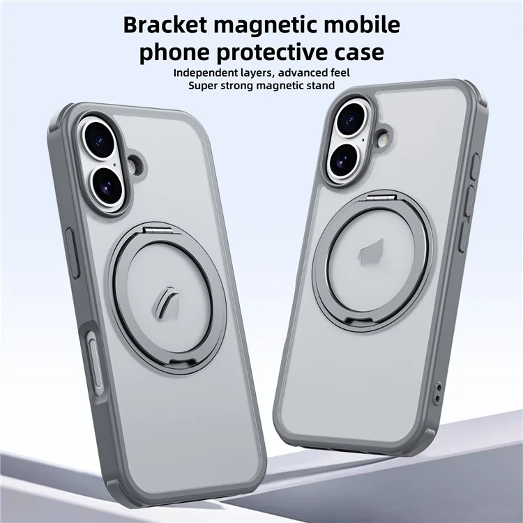 For iPhone 16 Case Compatible with MagSafe Ring Kickstand TPU+PC Back Cover - Grey