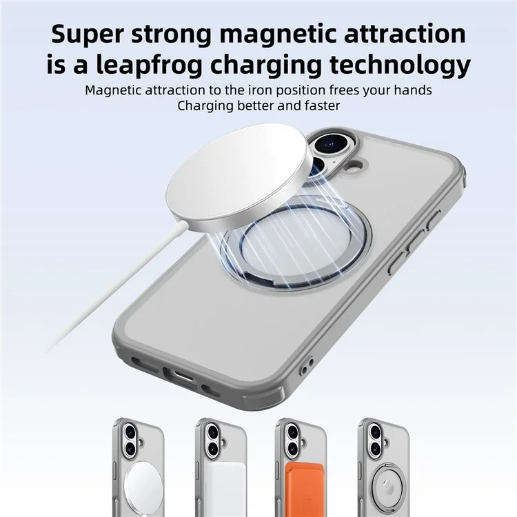 For iPhone 16 Case Compatible with MagSafe Ring Kickstand TPU+PC Back Cover - Grey