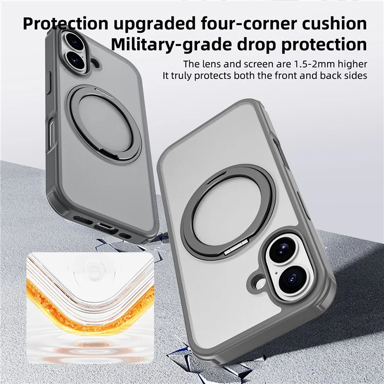 For iPhone 16 Case Compatible with MagSafe Ring Kickstand TPU+PC Back Cover - Grey