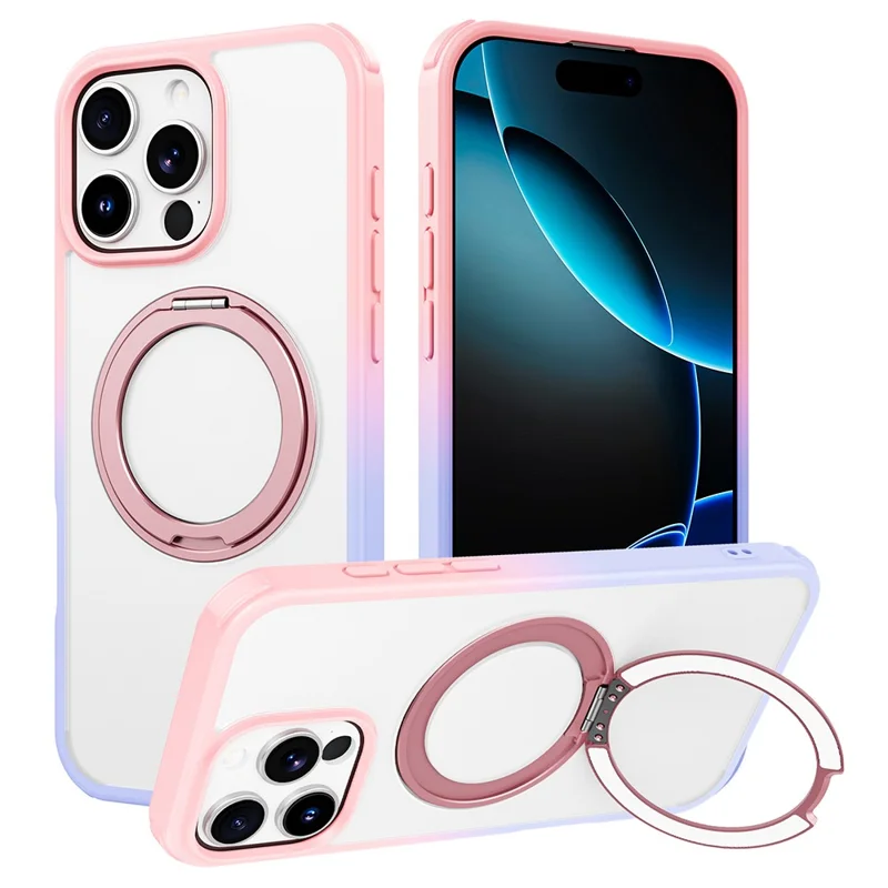 For iPhone 16 Pro Case Compatible with MagSafe Ring Kickstand TPU+PC Back Cover - Gradient Pink Purple