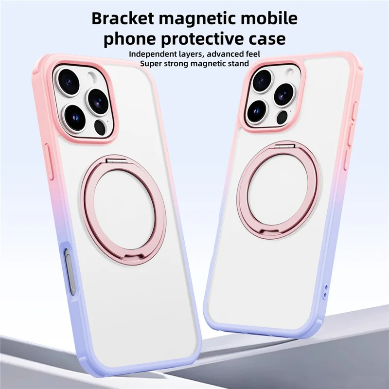 For iPhone 16 Pro Case Compatible with MagSafe Ring Kickstand TPU+PC Back Cover - Gradient Pink Purple