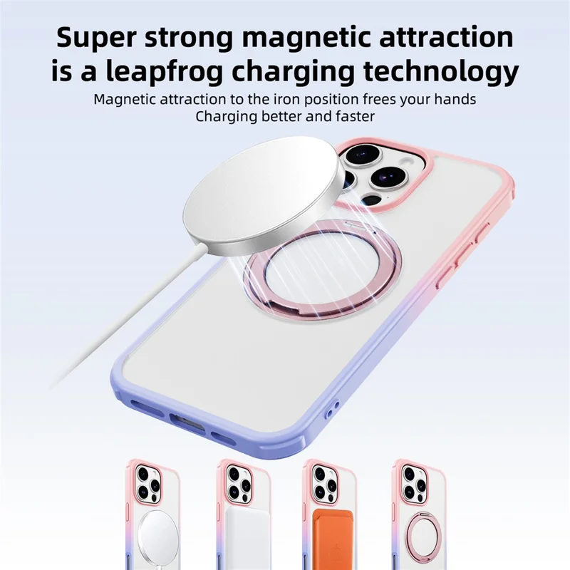 For iPhone 16 Pro Case Compatible with MagSafe Ring Kickstand TPU+PC Back Cover - Gradient Pink Purple