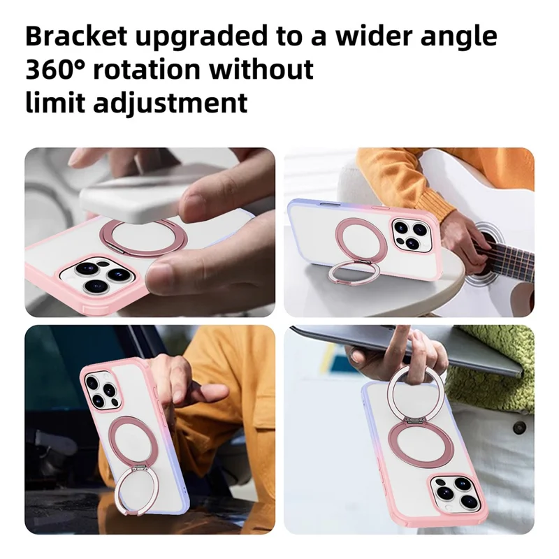 For iPhone 16 Pro Case Compatible with MagSafe Ring Kickstand TPU+PC Back Cover - Gradient Pink Purple