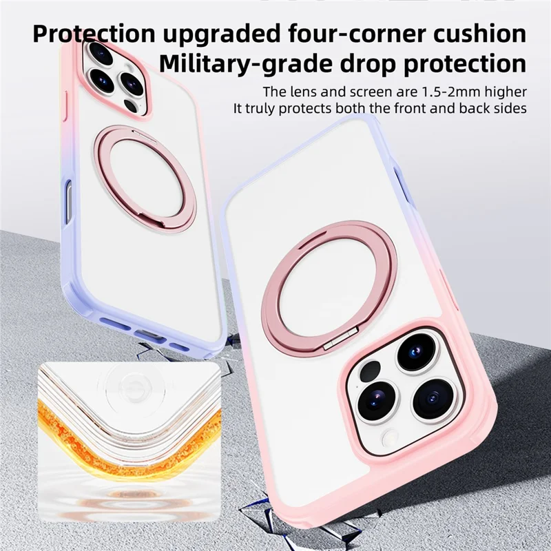 For iPhone 16 Pro Case Compatible with MagSafe Ring Kickstand TPU+PC Back Cover - Gradient Pink Purple