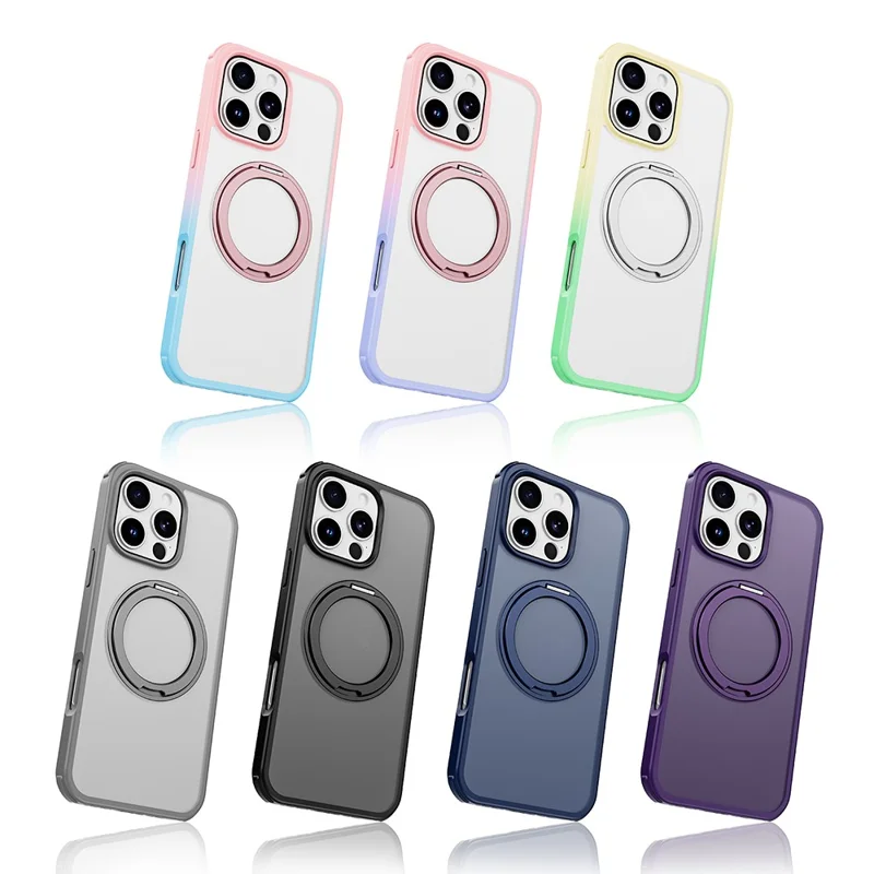 For iPhone 16 Pro Case Compatible with MagSafe Ring Kickstand TPU+PC Back Cover - Gradient Pink Purple