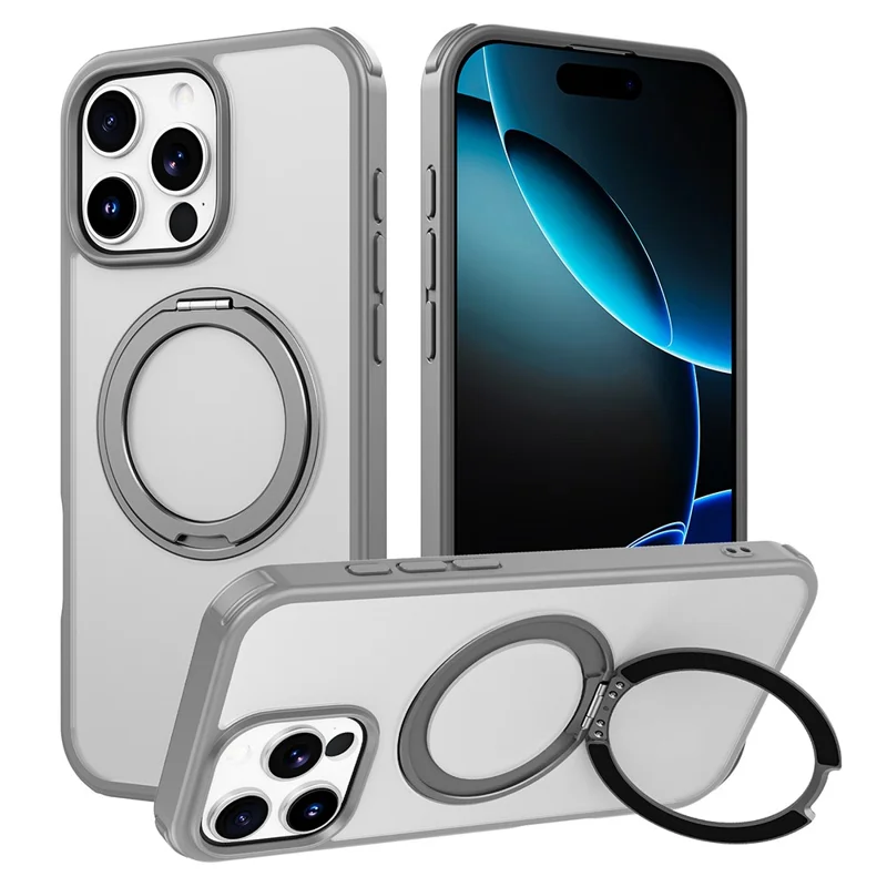 For iPhone 16 Pro Max Case Compatible with MagSafe Ring Kickstand TPU+PC Back Cover - Grey