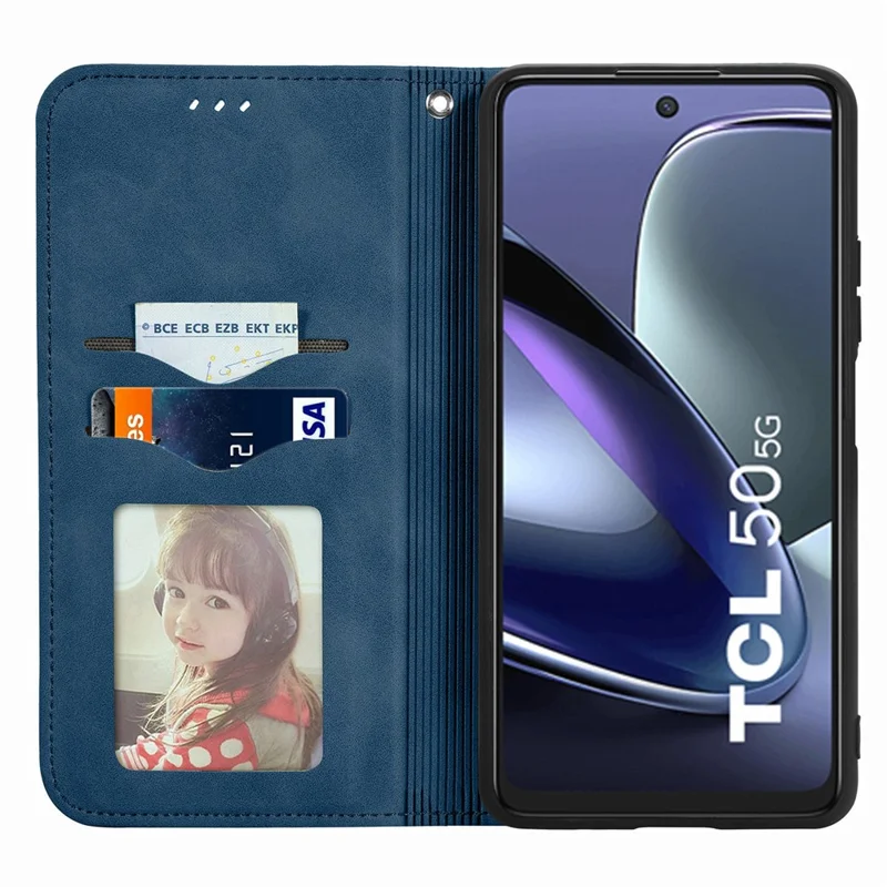 For TCL 50 5G Case Skin Touch Feeling Leather Card Holder Phone Cover Magnetic Absorption - Dark Blue