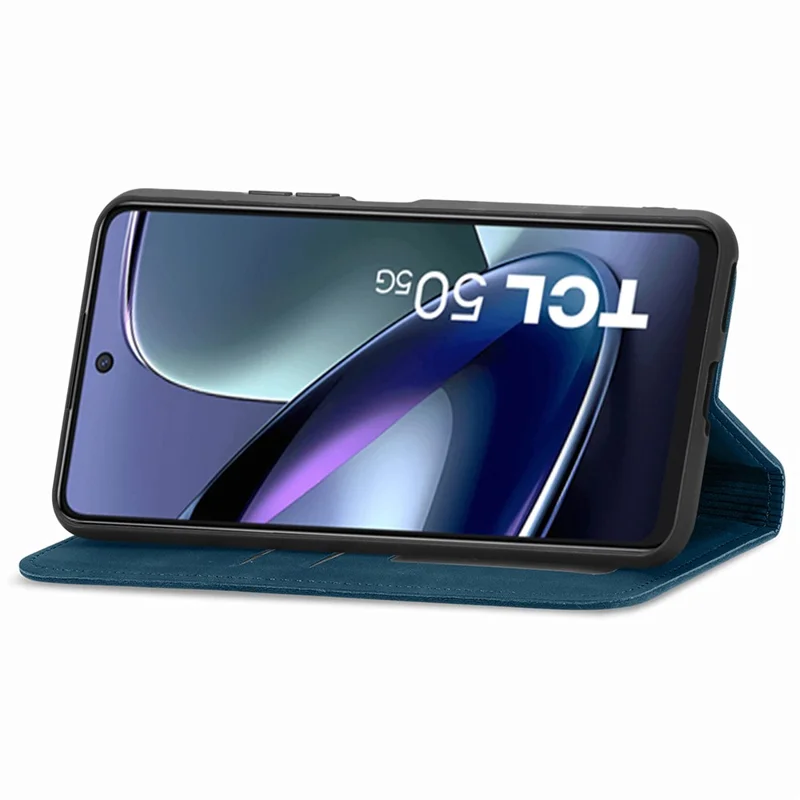 For TCL 50 5G Case Skin Touch Feeling Leather Card Holder Phone Cover Magnetic Absorption - Dark Blue