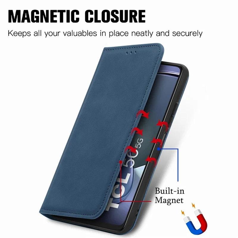 For TCL 50 5G Case Skin Touch Feeling Leather Card Holder Phone Cover Magnetic Absorption - Dark Blue