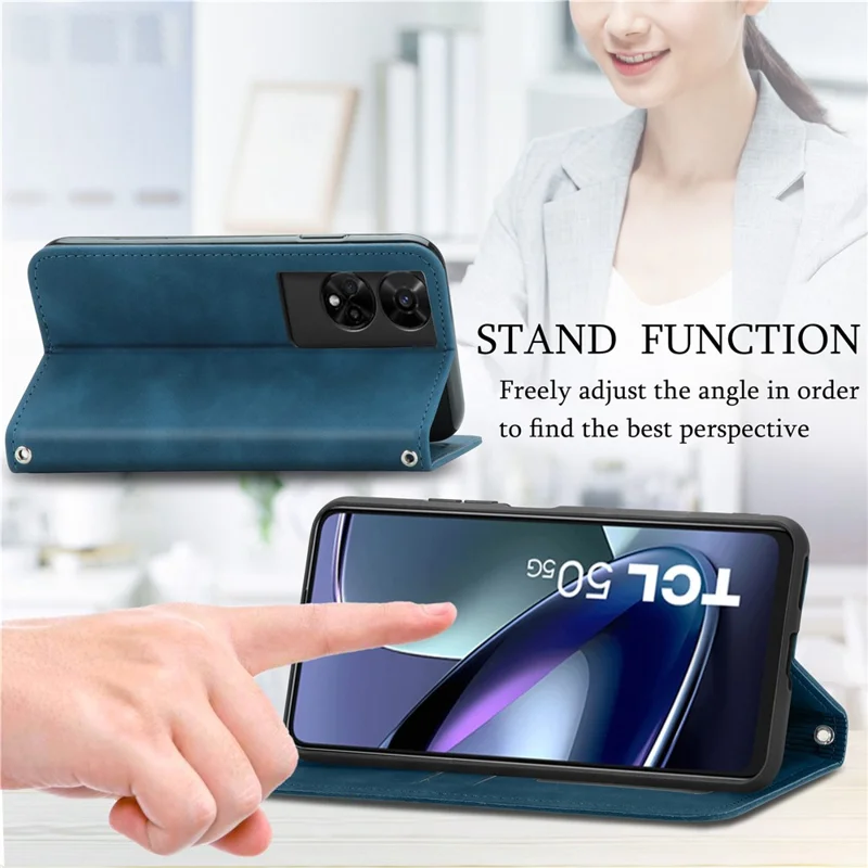 For TCL 50 5G Case Skin Touch Feeling Leather Card Holder Phone Cover Magnetic Absorption - Dark Blue