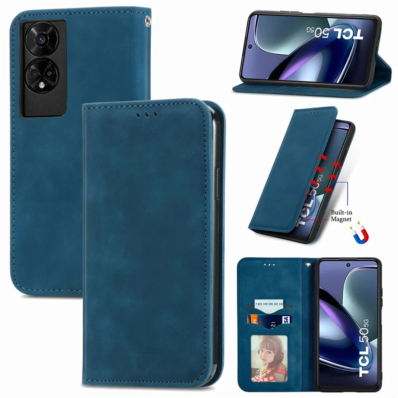 For TCL 50 5G Case Skin Touch Feeling Leather Card Holder Phone Cover Magnetic Absorption - Dark Blue
